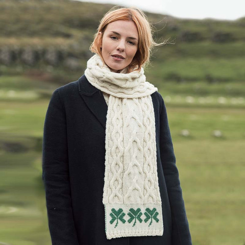 Aran-Woollen-Mills-Irish-Merino-Wool-Cable-Knit-Scarf 72"-Shamrocks-A843283-1-Close-ShamrockGift.com