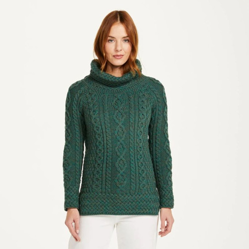 A191-403 Connemara Green Color Merino Wool Roll Neck Irish Sweater Shamrockgift.com