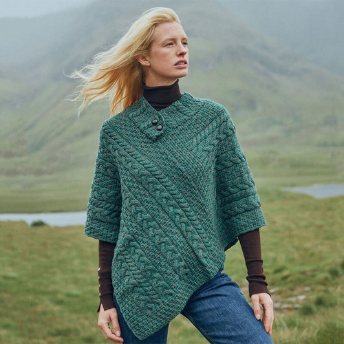 A200-403-CONNEMARA-GREEN Colour Merino Wool Aran Poncho Cable Basket Stitches ShamrockGift.com