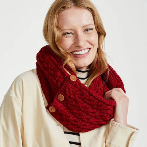 Aran Woollen Mills Snood Scarf with Buttons A518 Rich Red Shamrockgift.com