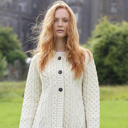 Aran Woollen Mills Aran Patchwork Cardigan White Color Front View A685 ShamrockGift.com
