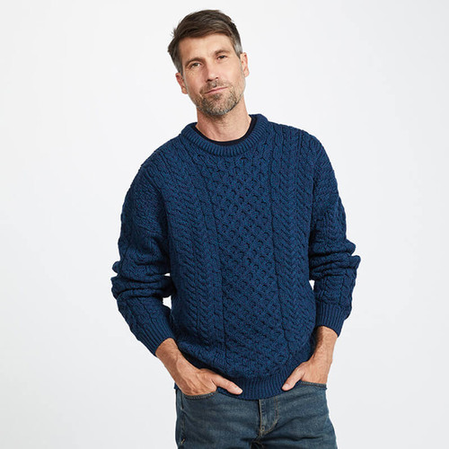 Aran-Woollen-Mills-Irish-Men's-Sweater-A823-Atlantic-Blue-Front-View-ShamrockGift.com