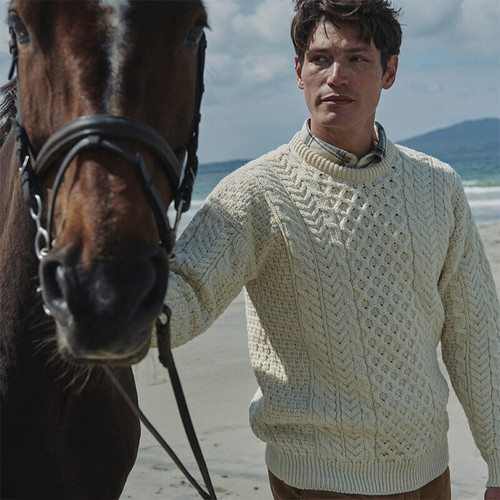 A825033 Natural White Color Men's Irish Aran Sweater ShamrockGift.com