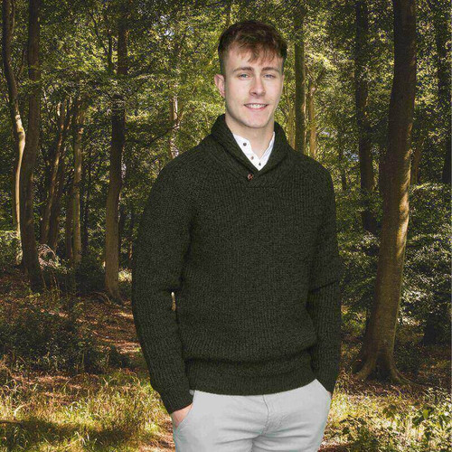 AI-KLBS-DGRM- Men's Irish Wool Shawl Collar Sweater Dark Green ShamrockGift.com