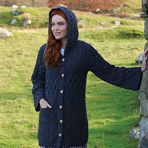 Aran-Woollen-Mills-Ladies-Merino-long-cardigan-with-hood-B556-Charcoal-Front-View-Shamrockgift.com