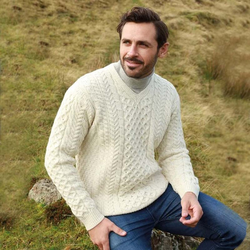 Aran-Woollen-Mills-Men-Merino-V-Neck-Sweater-Natural-B736-Lifestyle-ShamrockGift.com