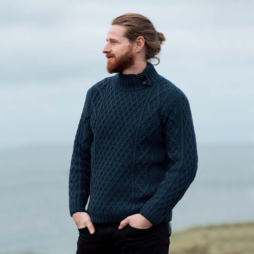 Aran-Woollen-Mills-Men's-Sweater-with-Button-Collar-Army-Green-B559-Out-ShamrockGift.com