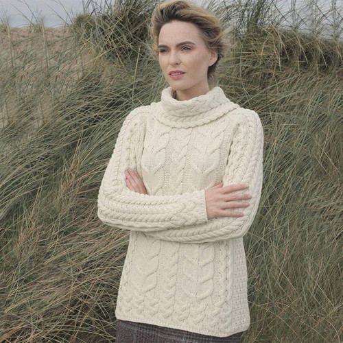 Aran-Woollen-Mills-SuperSoft-Merino-Cowl-Neck-Knit-Aran-Sweater-Natural-Color-B653-ShamrockGift.com