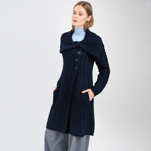 AWL108-304 Ladies Merino Wool Asymmetric Collar Aran Coat ShamrockGift.com