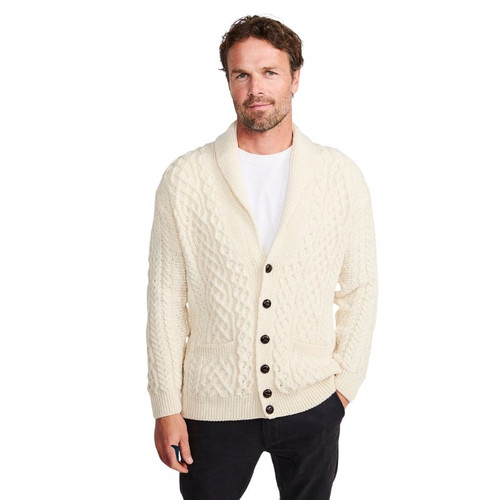 B132162- Men's Traditional Aran Cardigan with Shawl Collar studio  Cream ShamrockGift.com