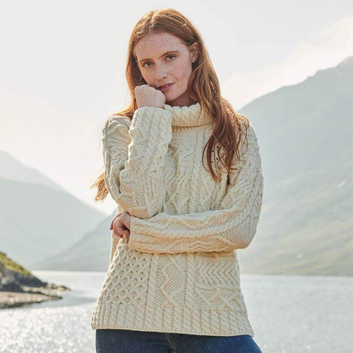 Ladies Roll Neck Wool Irish Pullover Sweater B303 Natural White ShamrockGift.com