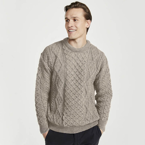 Traditional Men's Crew Neck Aran Sweater B392 Oatmeal ShamrockGift.com