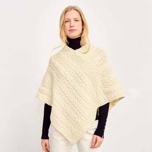 B403 162 NATURAL WHITE Colour Merino Wool V Neck Aran Poncho Shamrockgift.com