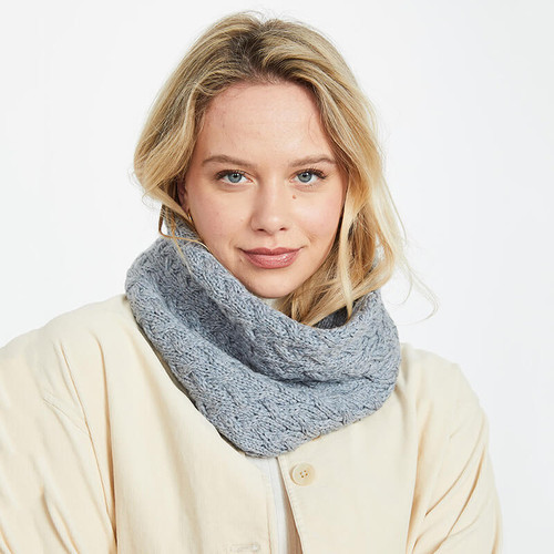 B859 385 Ocean Grey SuperSoft Merino Aran Cable Snood Scarf Lifestyle ShamrockGift.com