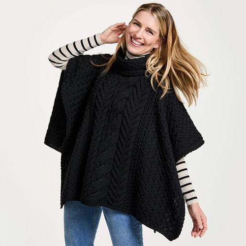 B694-702 Black Color SuperSoft Merino Wool Poncho with Cowl Neck Shamrockgift.com