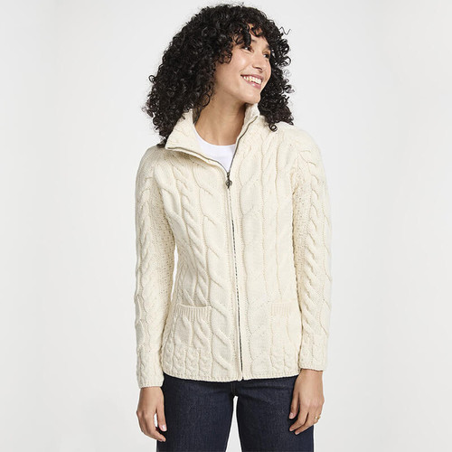 B841 367 NATURAL WHITE Colour Ladies Wool Cardigan with Mock Turtleneck and Zipper ShamrockGift.com