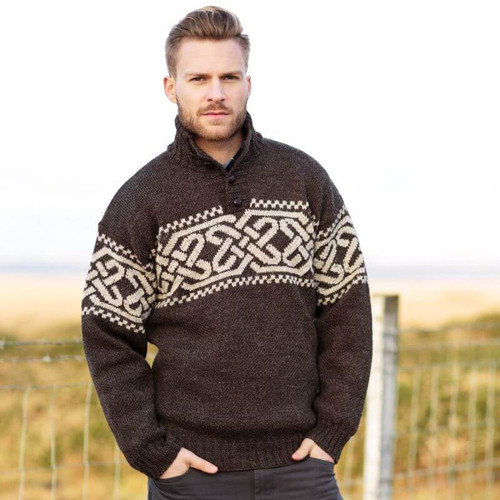 Aran Woollen Mills Celtic Wool Troyer Sweater Man A271 Brown ShamrockGift.com