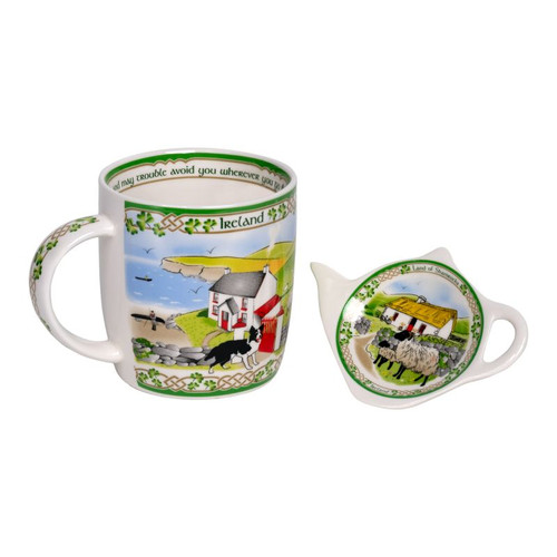 CL-96-498 Land of Shamrocks Irish Tea Mug with Tea Bag Holder ShamrockGift.com