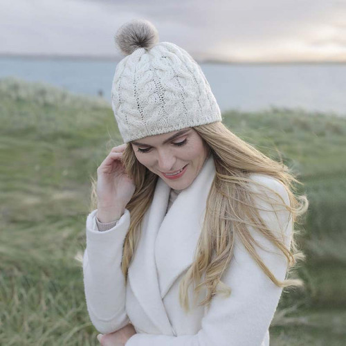 Classic-Aran-Knit-Pom-Pom-Hat-for-Women-B648-367-White-Color-Lifestyle-ShamrockGift.com