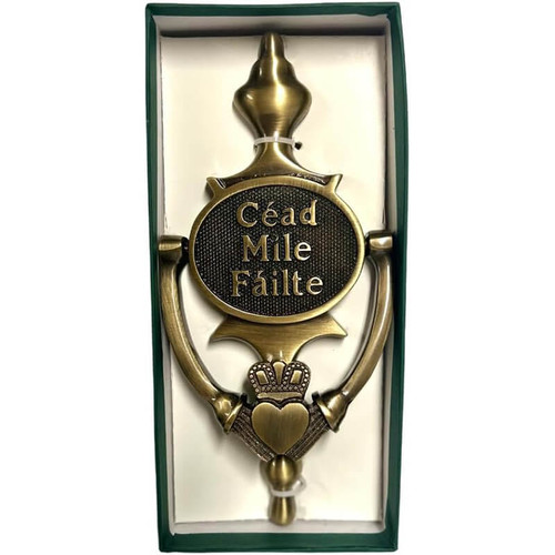 EDK126 Cead Mile Failte Oval -Claddagh Door Knocker Antique Brass ShamrockGift.com