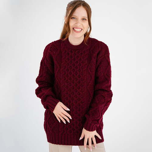 FL194 608 Wine Color Women's Heavyweight Traditional Aran Wool Sweater Wine Front view ShamrockGift.com