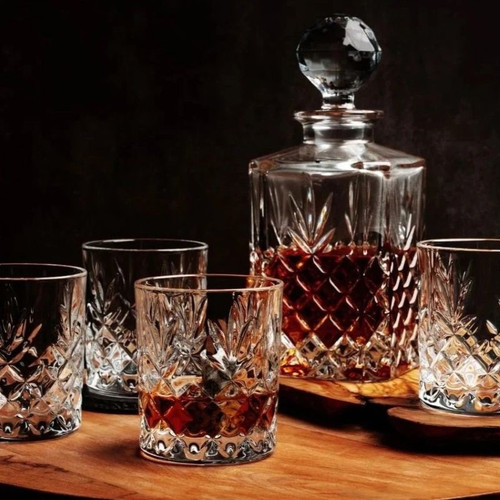 G25180 Galway Crystal Longford Decanter Set Lifestyle with Square Tray Closeup View ShamrockGift.com