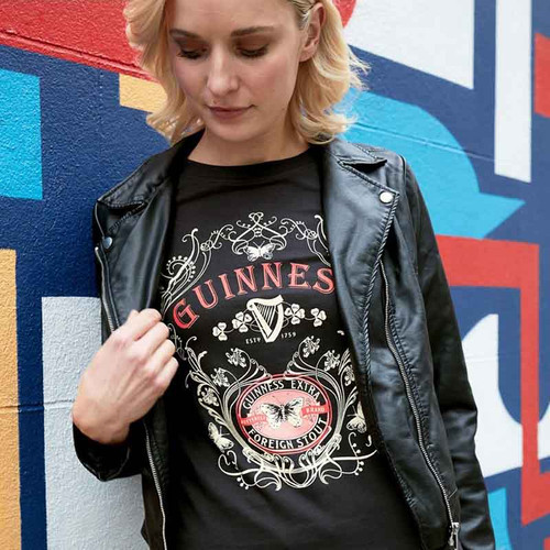 Guinness Ladies T-Shirt with Butterfly and Extra Foreign Stout Print G4161 ShamrockGift.com