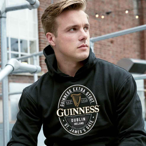 Black Guinness Label St. James Gate Hoodie G5161 Close Up Shamrockgift.com