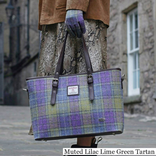 GA-LB1028-COL112-MUTED LILAC LIME GREEN TARTAN Ladies Harris Tweed Tartan Plaid Handbag Lifestyle ShamrockGift.com