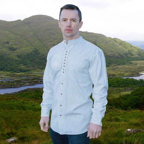 GS-GFSW1340 Grandfather Style Irish Blue Striped Shirt with Mandarin Collar ShamrockGift.com