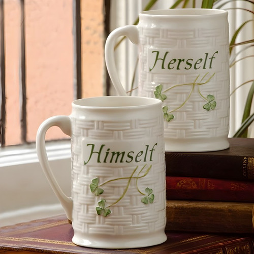 B3190 Belleek Handpainted Herself & Himself Mugs Lifestyle  ShamrockGift.com
