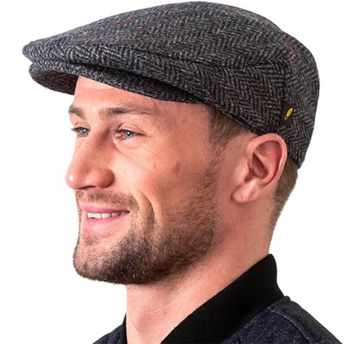 HOF-FCTDT Donegal Tweed Trad Flat Cap Blue & Grey Herringbone ShamrockGift.com