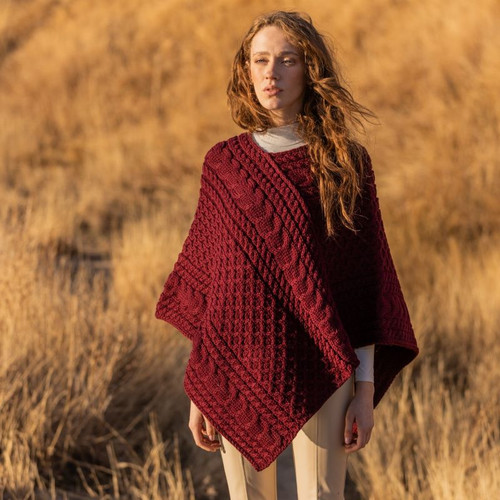 Fisherman Wool Aran Triangular Poncho Wine ShamrockGift.com