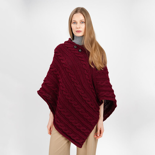 IFL181-608 Wine Red Color Irish Aran Cable Knit Buttoned Poncho ShamrockGift.com