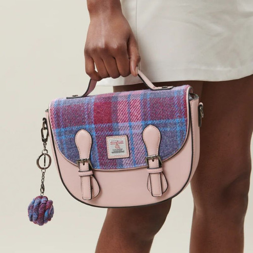 ISL-2812 Harris Tweed Medium Cobble Satchel Pink Blue Tartan Lifestyle ShamrockGift.com