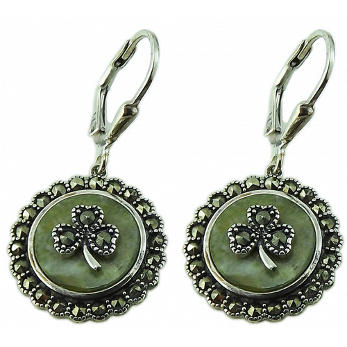JCW-70062 Connemara Marble and Marcasite Stones Shamrock Earrings ShamrockGift.com