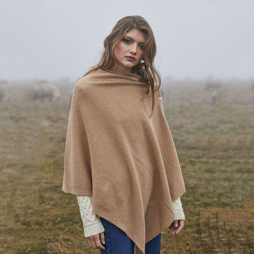 LLS100 907 BEIGE CAMEL Colour Soft Lambswool Shawl with V Neck and Button Detail Different Style Shamrockgift.com