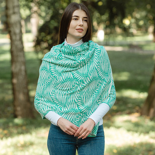 LS104 404 Aqua Green Celtic Leaf Motif Cotton Shawl Lifestyle Front ShamrockGift.com