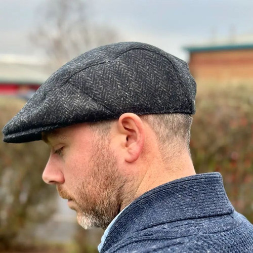 MCS-CB2406-L006J Charcoal Color Handcrafted Harris Tweed Herringbone Flat Cap Lifestyle ShamrockGift.com