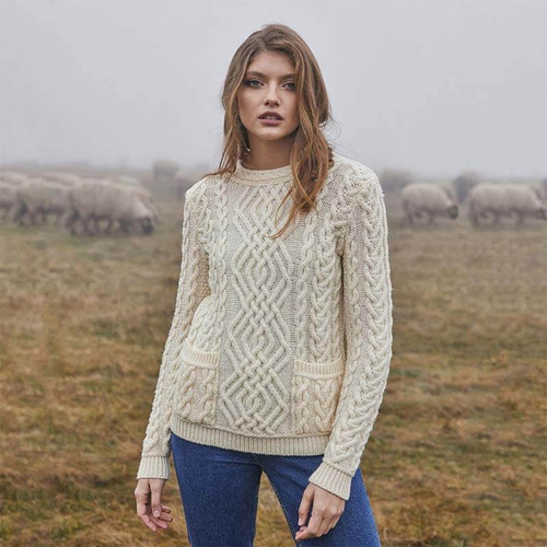Saol Women's Cable Knit Crew Sweater Natural ML102 ShamrockGift.com