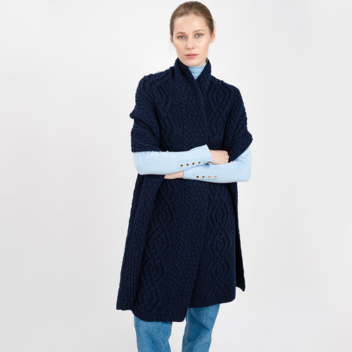  ML124-104 Navy Merino Wool Fisherman Aran Cable Wrap Front View ShamrockGift.com