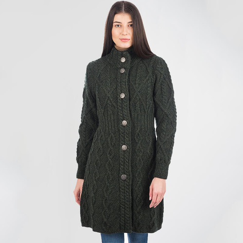 ML126 102 ARMY GREEN Colour Irish Aran Raised Collar Jacket Studio ShamrockGift.com