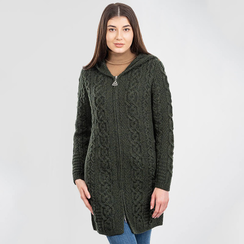 ML128-102 Hooded Aran Coat with Celtic Knot Zipper Shamrockgift.com