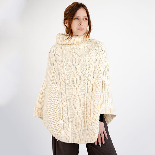 ML132-100 NATURAL WHITE Color Ladies Rolled Collar Irish Poncho Sweater Shamrockgift.com