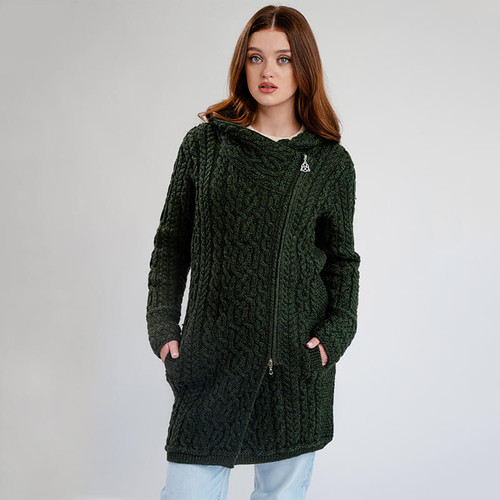 ML144 Army Green Women's Hooded Aran Zipper Coat Front ShamrockGift.com