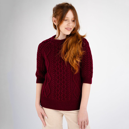 ML151-108 Wine Color Merino Wool Three Quarter Sleeve Cable Knit Sweater ShamrockGift.com