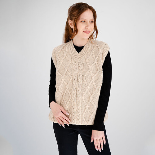 ML153-109 Natural White Cable Knit Aran Sweater Vest Front ShamrockGift.com