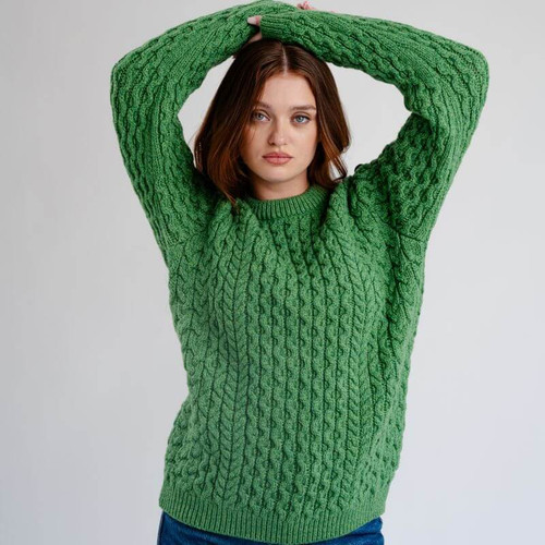 ML157-105 Green Ladies Signature Crew Neck Ribbed Sweater Front ShamrockGift.com