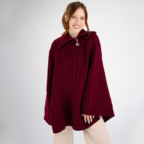 ML161 108 Wine Color Irish Fisherman Zip Neck Poncho Wine ShamrockGift.com