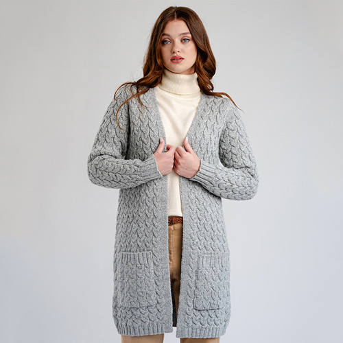 ML166-103 Grey Color Ladies Long Open Front Drape Cardigan ShamrockGift.com